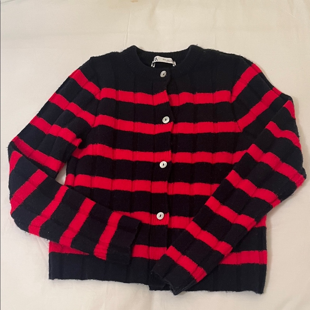Zara Preppy Navy Red Striped Cardigan Size Small